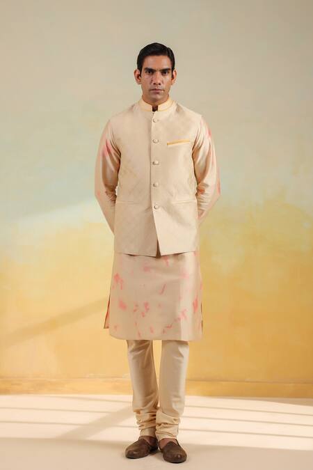 Shop_Label Niti Bothra_Beige , , Embroidery And Pink Shibori Bundi Set _Online_at_Aza_Fashions