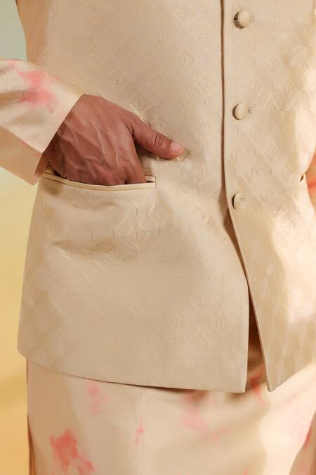 Shop_Label Niti Bothra_Beige , , Embroidery And Pink Shibori Bundi Set 