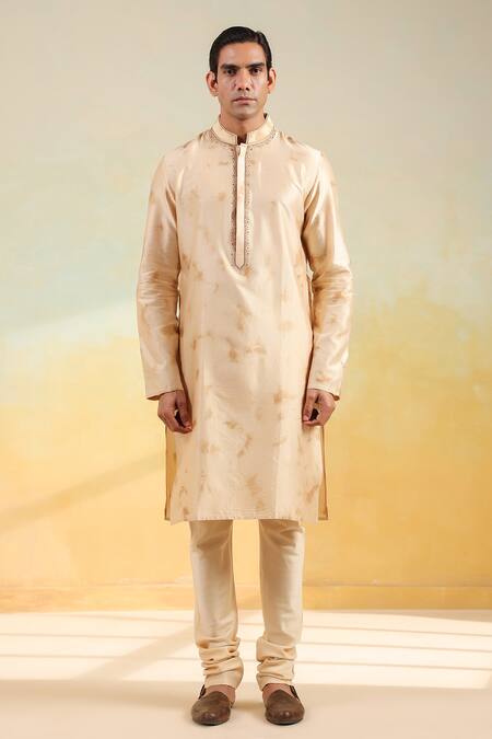 Buy_Label Niti Bothra_Beige Silk, Embroidery Hand Dyed Shibori Kurta And Churidar Set _Online_at_Aza_Fashions