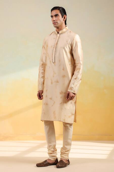 Shop_Label Niti Bothra_Beige Silk, Embroidery Hand Dyed Shibori Kurta And Churidar Set _Online_at_Aza_Fashions