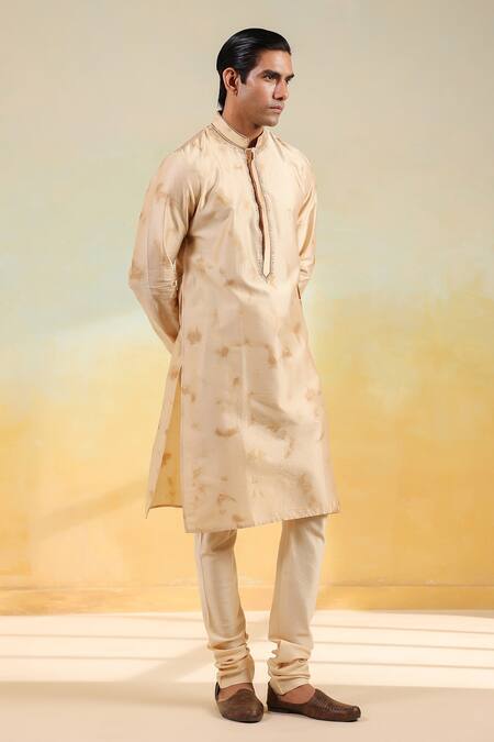 Label Niti Bothra_Beige Silk, Embroidery Hand Dyed Shibori Kurta And Churidar Set _at_Aza_Fashions