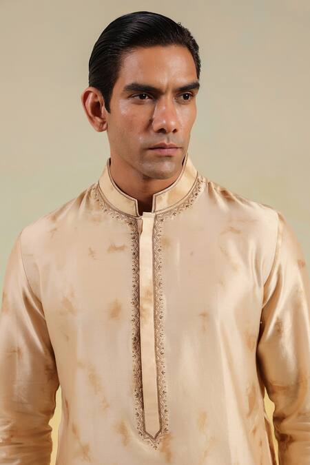 Buy_Label Niti Bothra_Beige Silk, Embroidery Hand Dyed Shibori Kurta And Churidar Set 