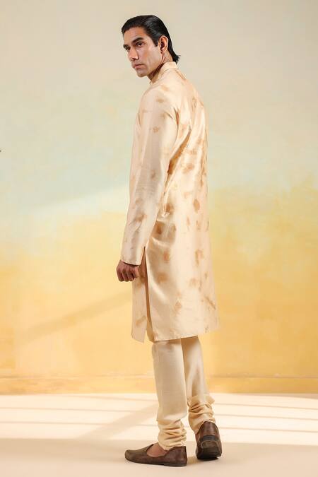 Shop_Label Niti Bothra_Beige Silk, Embroidery Hand Dyed Shibori Kurta And Churidar Set 
