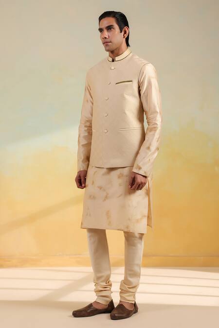 Buy_Label Niti Bothra_Beige Chanderi Silk Embroidery Shibori Bundi Set _Online_at_Aza_Fashions