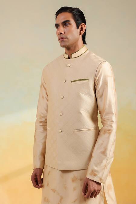 Shop_Label Niti Bothra_Beige Chanderi Silk Embroidery Shibori Bundi Set _Online_at_Aza_Fashions