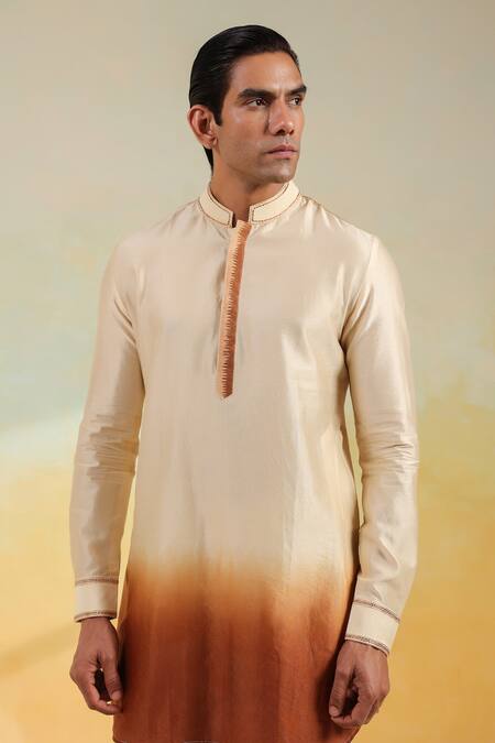 Label Niti Bothra_Beige Chanderi Silk Embroidery Ombre Thread Kurta _Online_at_Aza_Fashions