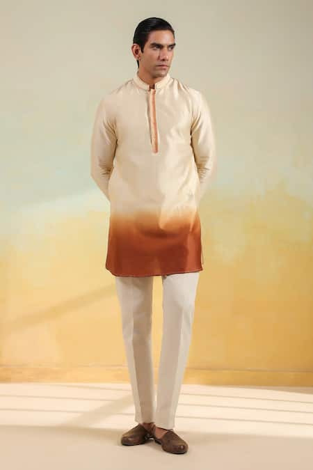 Buy_Label Niti Bothra_Beige Chanderi Silk Embroidery Ombre Thread Kurta _Online_at_Aza_Fashions