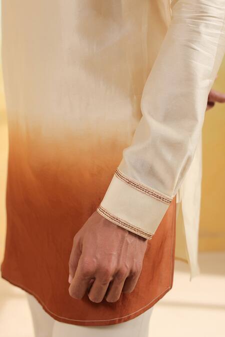 Shop_Label Niti Bothra_Beige Chanderi Silk Embroidery Ombre Thread Kurta _Online_at_Aza_Fashions