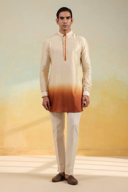 Label Niti Bothra_Beige Chanderi Silk Embroidery Ombre Thread Kurta _at_Aza_Fashions
