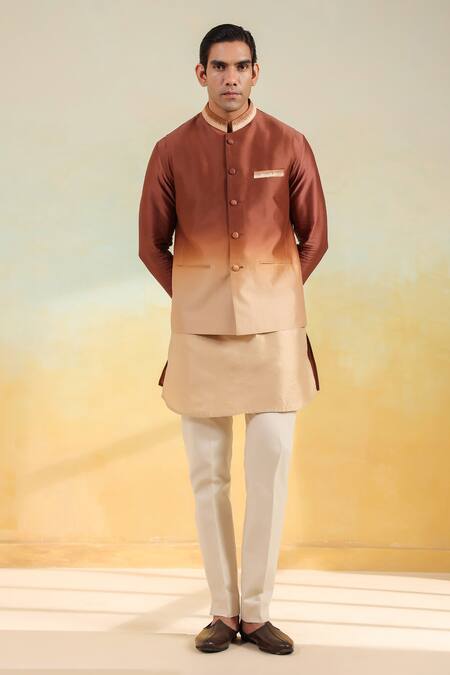 Label Niti Bothra_Brown Chanderi , Chanderi, Embroidery Ombre Thread Bundi Set _Online_at_Aza_Fashions