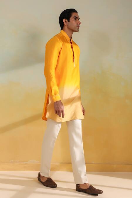 Label Niti Bothra_Yellow Silk, Chanderi Embroidery Ombre Thread Kurta _Online_at_Aza_Fashions