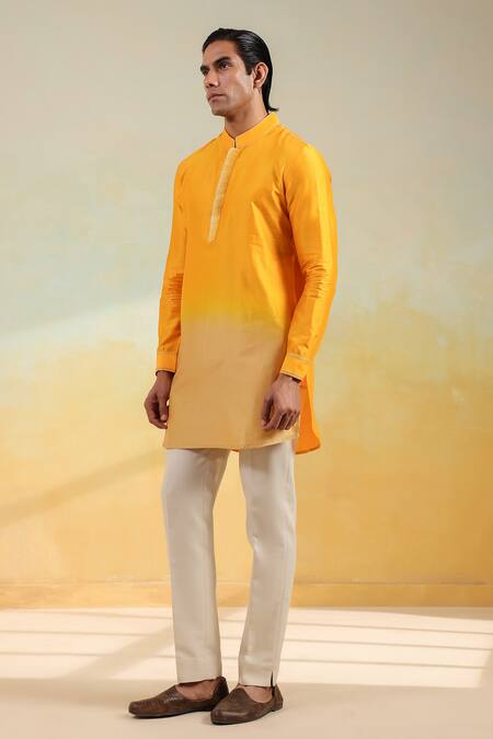 Buy_Label Niti Bothra_Yellow Silk, Chanderi Embroidery Ombre Thread Kurta _Online_at_Aza_Fashions