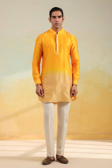 Shop_Label Niti Bothra_Yellow Silk, Chanderi Embroidery Ombre Thread Kurta _Online_at_Aza_Fashions
