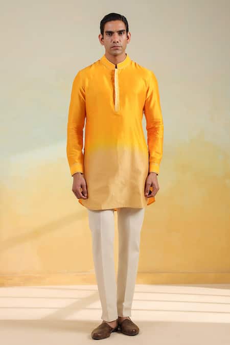 Label Niti Bothra_Yellow Silk, Chanderi Embroidery Ombre Thread Kurta _at_Aza_Fashions