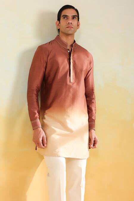 Label Niti Bothra_Brown Silk, Chanderi Embroidery Ombre Kurta _Online_at_Aza_Fashions