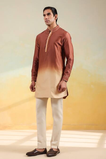 Buy_Label Niti Bothra_Brown Silk, Chanderi Embroidery Ombre Kurta _Online_at_Aza_Fashions