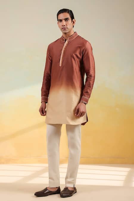 Shop_Label Niti Bothra_Brown Silk, Chanderi Embroidery Ombre Kurta _Online_at_Aza_Fashions