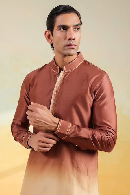Label Niti Bothra_Brown Silk, Chanderi Embroidery Ombre Kurta _at_Aza_Fashions