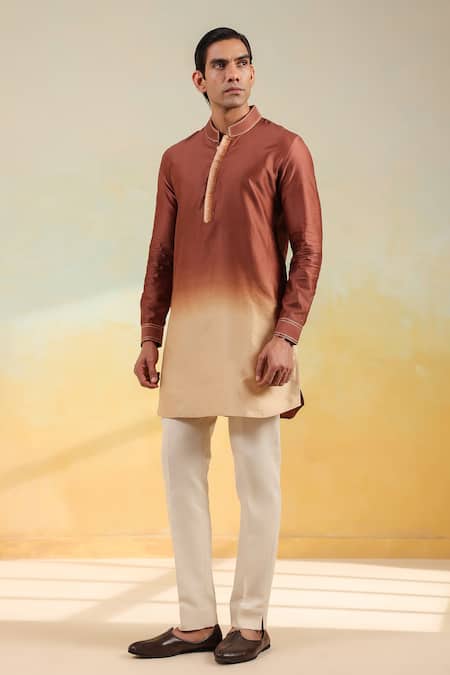 Buy_Label Niti Bothra_Brown Silk, Chanderi Embroidery Ombre Kurta 