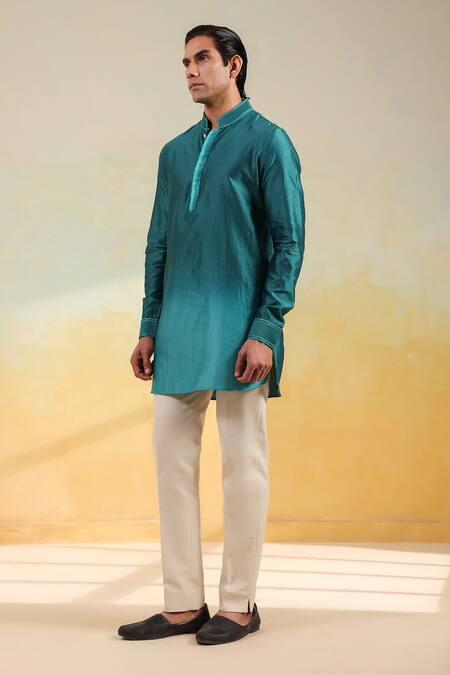 Label Niti Bothra_Blue Silk, Chanderi Embroidery Threadwork Ombre Kurta _Online_at_Aza_Fashions