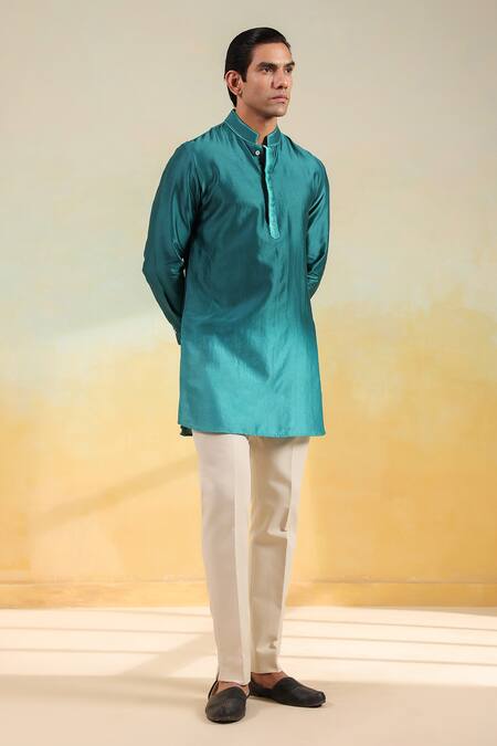 Buy_Label Niti Bothra_Blue Silk, Chanderi Embroidery Threadwork Ombre Kurta _Online_at_Aza_Fashions