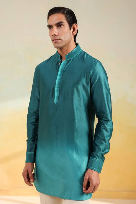 Shop_Label Niti Bothra_Blue Silk, Chanderi Embroidery Threadwork Ombre Kurta _Online_at_Aza_Fashions