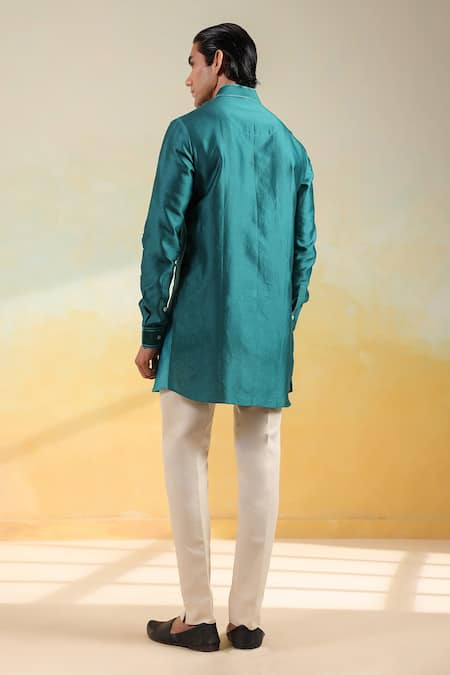 Shop_Label Niti Bothra_Blue Silk, Chanderi Embroidery Threadwork Ombre Kurta _at_Aza_Fashions