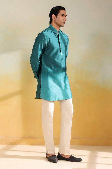 Label Niti Bothra_Blue Silk, Chanderi Embroidery Threadwork Ombre Kurta _at_Aza_Fashions