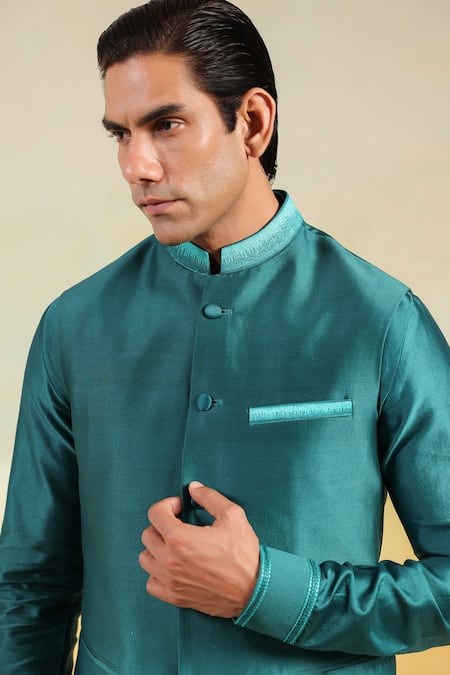 Label Niti Bothra_Blue Silk, Silk, Embroidery Ombre Thread Bundi Set _at_Aza_Fashions