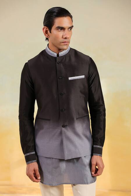 Buy_Label Niti Bothra_Black Chanderi Silk Embroidery Ombre Bundi Set _Online_at_Aza_Fashions