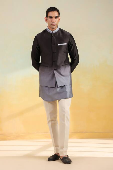 Shop_Label Niti Bothra_Black Chanderi Silk Embroidery Ombre Bundi Set _Online_at_Aza_Fashions