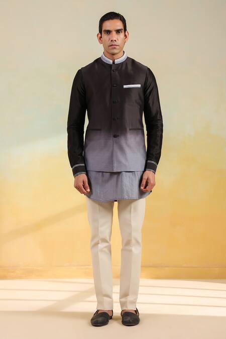 Label Niti Bothra_Black Chanderi Silk Embroidery Ombre Bundi Set _at_Aza_Fashions