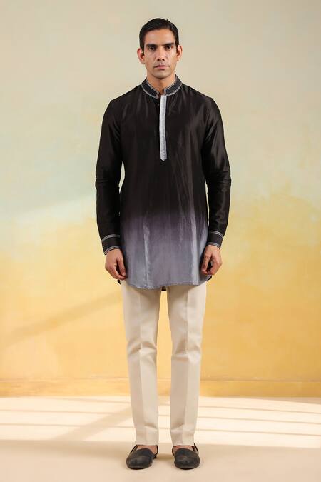 Buy_Label Niti Bothra_Black Chanderi Silk Embroidery Ombre Thread Kurta _Online_at_Aza_Fashions