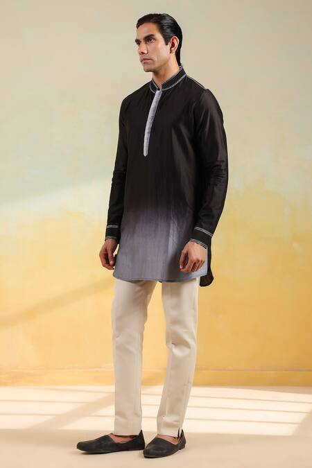 Shop_Label Niti Bothra_Black Chanderi Silk Embroidery Ombre Thread Kurta _Online_at_Aza_Fashions