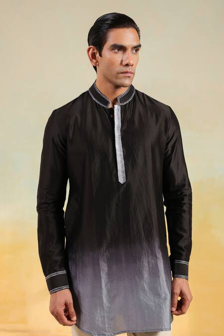 Label Niti Bothra_Black Chanderi Silk Embroidery Ombre Thread Kurta _at_Aza_Fashions
