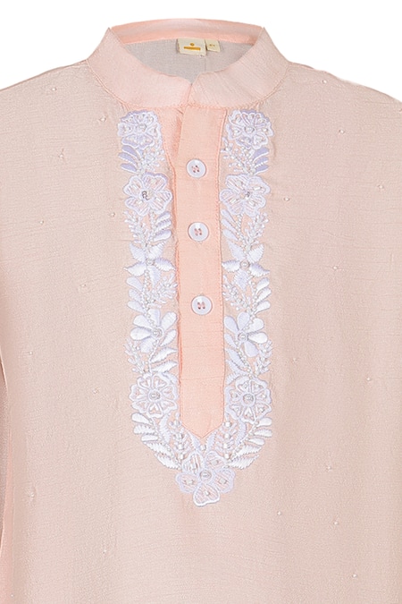 Buy_Rang By Les Petits_Peach Cotton Embroidery Placket Kurta Set_Online_at_Aza_Fashions
