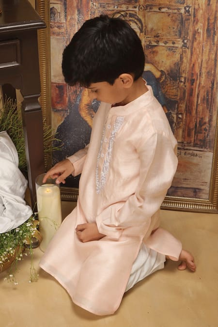 Shop_Rang By Les Petits_Peach Cotton Embroidery Placket Kurta Set_Online_at_Aza_Fashions