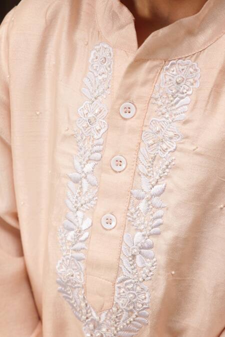 Rang By Les Petits_Peach Cotton Embroidery Placket Kurta Set_at_Aza_Fashions