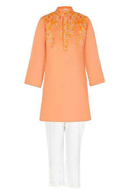 Buy_Rang By Les Petits_Orange Cotton Embroidery Floral Kurta Set_Online_at_Aza_Fashions