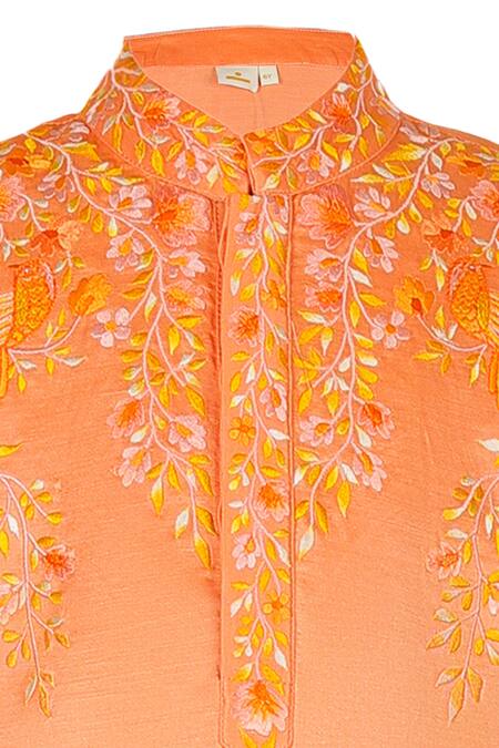 Shop_Rang By Les Petits_Orange Cotton Embroidery Floral Kurta Set_Online_at_Aza_Fashions