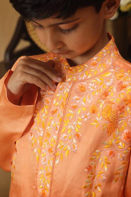 Rang By Les Petits_Orange Cotton Embroidery Floral Kurta Set_at_Aza_Fashions