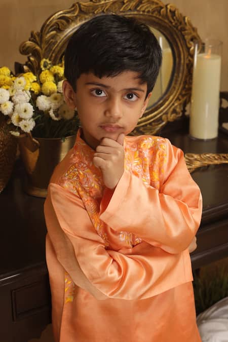 Shop_Rang By Les Petits_Orange Cotton Embroidery Floral Kurta Set