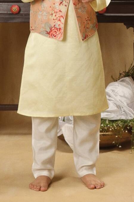 Shop_Rang By Les Petits_Yellow Cotton Floral Print Kurta Set_Online_at_Aza_Fashions