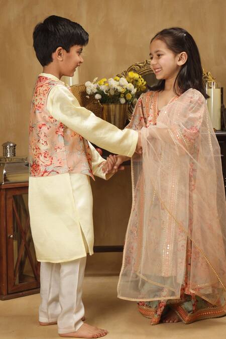 Buy_Rang By Les Petits_Yellow Cotton Floral Print Kurta Set