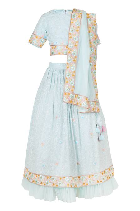 Rang By Les Petits_Blue Satin, Net Embroidery, Tassels Floral Lehenga Set_Online_at_Aza_Fashions