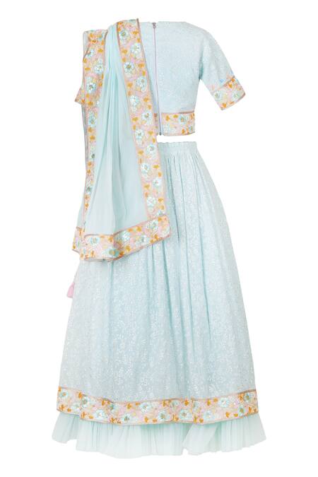 Buy_Rang By Les Petits_Blue Satin, Net Embroidery, Tassels Floral Lehenga Set_Online_at_Aza_Fashions