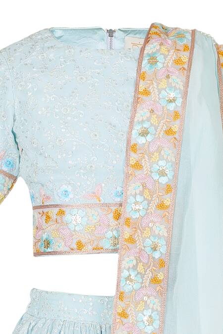 Shop_Rang By Les Petits_Blue Satin, Net Embroidery, Tassels Floral Lehenga Set_Online_at_Aza_Fashions