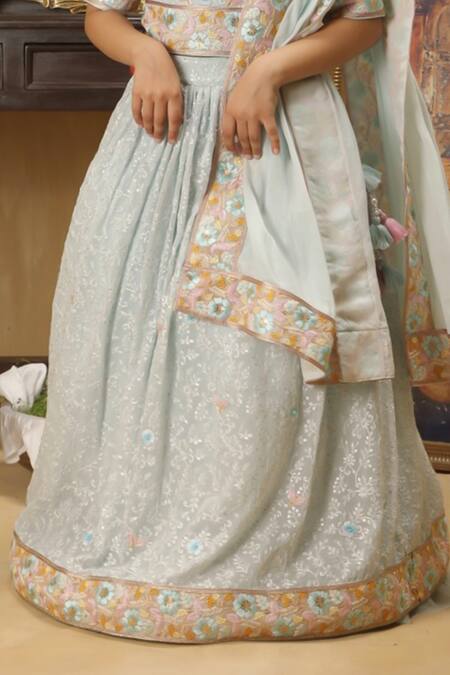 Rang By Les Petits_Blue Satin, Net Embroidery, Tassels Floral Lehenga Set_at_Aza_Fashions