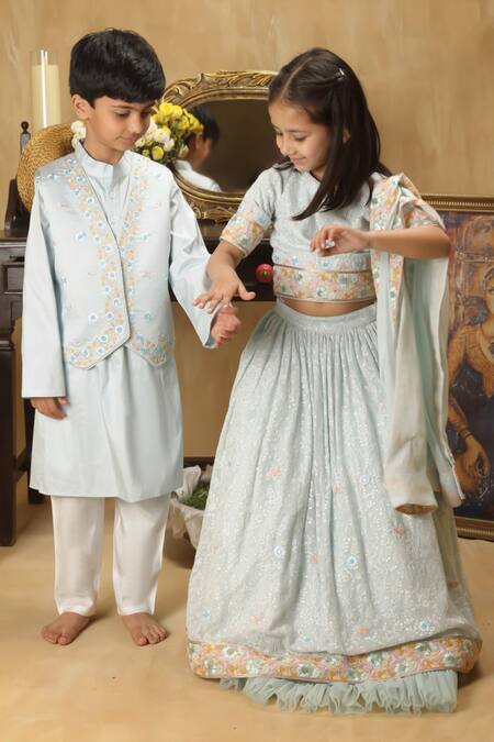 Buy_Rang By Les Petits_Blue Satin, Net Embroidery, Tassels Floral Lehenga Set