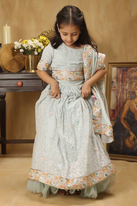 Shop_Rang By Les Petits_Blue Satin, Net Embroidery, Tassels Floral Lehenga Set